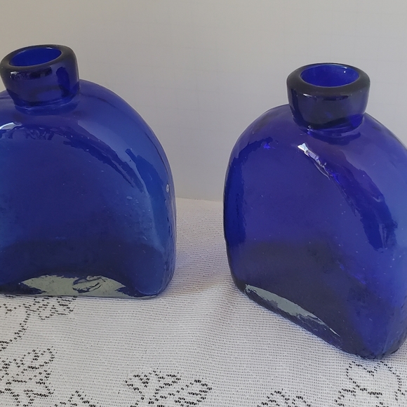 Cobalt Blue Glass Bottle Hand Blown Bud Vase Clear Bottom Mexico Set Pontil 5" - Picture 8 of 10
